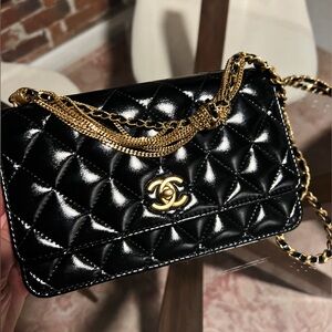 CHANEL HANDBAG - Black WOC with gold accents - NEW IN BOX